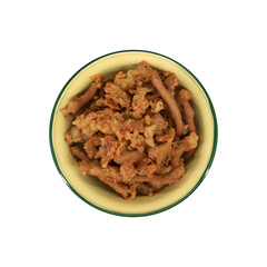crispy fried pork neck in a yellow bowl with green rim, This traditional Thai-style deep-fried dish is popular as a savory snack or side dish, known for its rich flavor and crunchy texture.