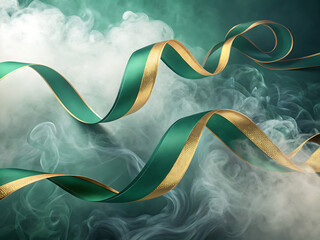 Ethereal emerald ribbon weaving through soft white smoke on a muted teal backdrop – Cinta esmeralda etérea entretejida en humo blanco suave sobre un fondo verde azulado

