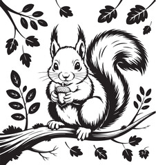 Squirrel Sitting on Branch with Falling Leaves – Black and White Illustration