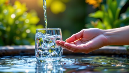 Hand Pouring Water into Glass Outdoors in Bright Sunlight
