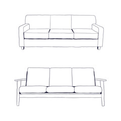 Minimalist hand-drawn furniture illustrations featuring a 3-seater sofa and modern armchairs. Perfect for interior design, home decor, or furniture catalog visuals