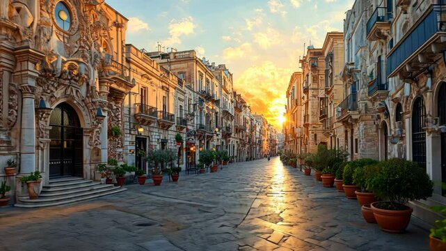 Sunny European city street at dawn