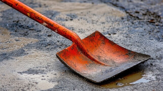 Rusty Shovel on Muddy Ground: A Close-Up View