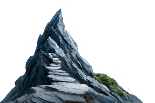 A rocky mountain peak with a winding path ascends towards a dark sky backdrop. Png, Transparent background.