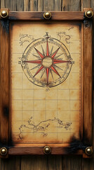 Antique-style framed artwork featuring a compass rose and nautical chart design on aged parchment