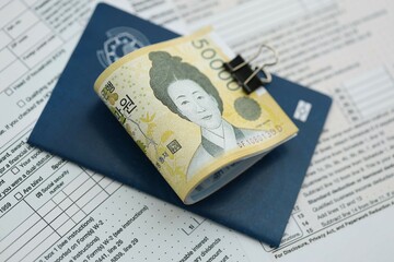 South Korean won money bills in big amount lies on table with passport and tax forms close up