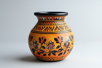 Hand Painted Orange and Black Decorative Ceramic Vase with Floral and Geometric Patterns