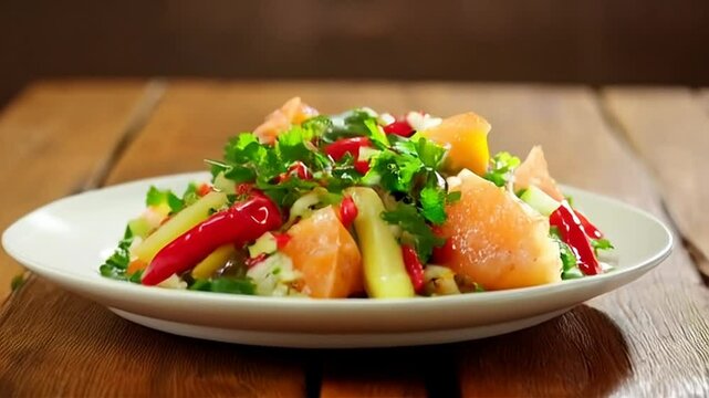 Colorful Xec Mexican Salad with Jicama Oranges and Chili Peppers Served on White Plate with Wooden Table Backdrop