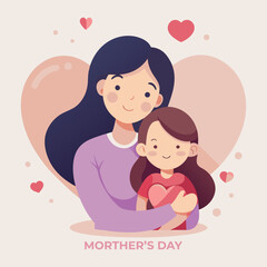 Mother and Daughter Hugging – Cute Cartoon Illustration for Mother's Day Celebration