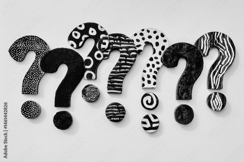 Poster Black and white question marks with varied patterns, arranged on a white background, representing uncertainty, inquiry, or the search for answers