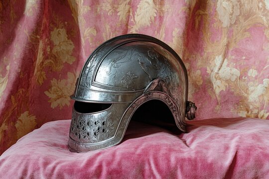 Ornate medieval helmet resting on a velvet surface. - Powered by Adobe