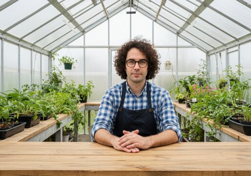 Man in greenhouse wearing apron and glasses with plants in background