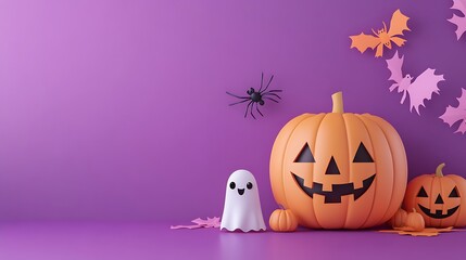 3D illustration of a minimalistic cut-out paper-style pumpkin, a cute ghost, and a spider on a purple background with copy space for text, a Halloween concept