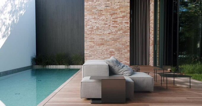 Stylish outdoor relaxation area featuring a comfortable lounge chair, elegant furniture, and a serene pool by a brick wall home with large sliding doors and lush greenery. Modern Home Exterior
