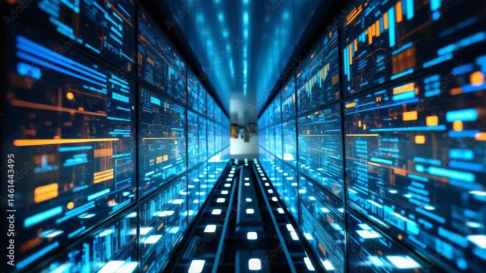 Poster a futuristic corridor lined with glowing screens displaying data and graphics, creating a high-tech 