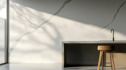 Modern Minimalist Kitchen With Marble Countertop And Wooden Bar Stool
