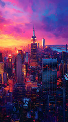 Vibrant city skyline at sunset