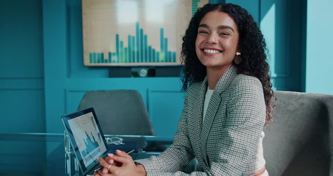 Smile, laptop and face of businesswoman in office with screen for financial statistics, graph or data. Happy, computer and finance analyst with research for profit, revenue or dividend report.