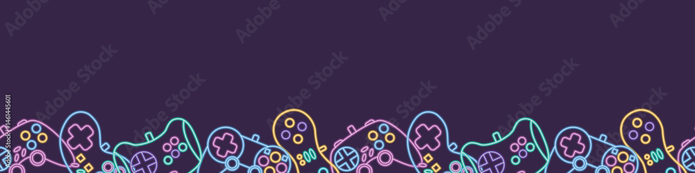 Fototapete vector neon glow game controller gamepad seamless border. colored outline joystick element flat styl