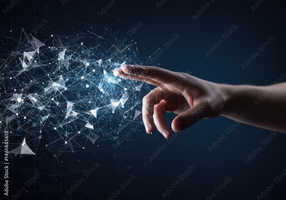 Poster hand interacting with digital network, connecting points and lines on dark background