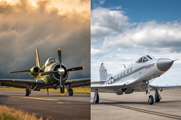 Vintage vs Modern Warplanes &ndash; Old WWII plane facing a modern jet (could be a composite).