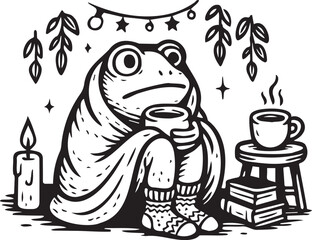 anxious frog with coffee and books