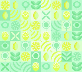 Lemon minimalistic geometric background. Vector abstract style pattern. Bauhaus trend. Abstract illustration of lemon, leaves, symbols. Simple icon.	
