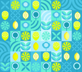 Lemon minimalistic geometric background. Vector abstract style pattern. Bauhaus trend. Abstract illustration of lemon, leaves, symbols. Simple icon.	
