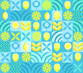 Lemon minimalistic geometric background. Vector abstract style pattern. Bauhaus trend. Abstract illustration of lemon, leaves, symbols. Simple icon.	
