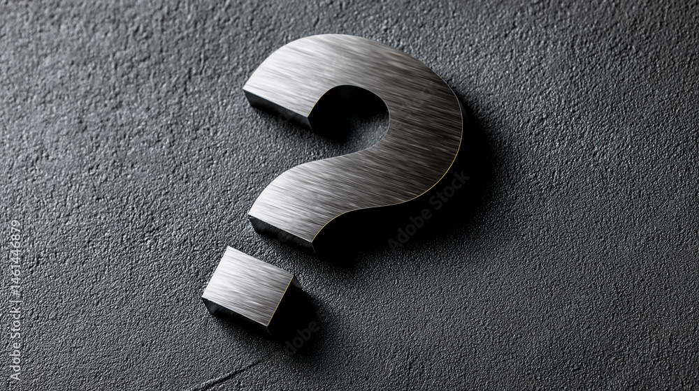 Poster Metallic question mark on dark textured background, symbolizing inquiry, uncertainty, or problem-solving