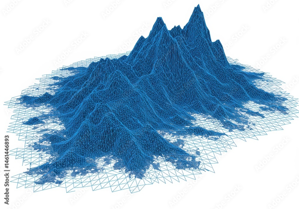 Poster blue wireframe mountain range on a grid surface, showing a digital landscape and topographical map r