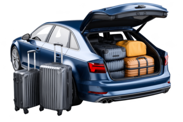 Car trunk filled with luggage showcasing travel preparation. Png, Transparent background.