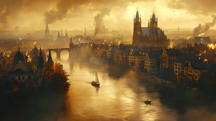 Obraz premium Golden hour cityscape with a river