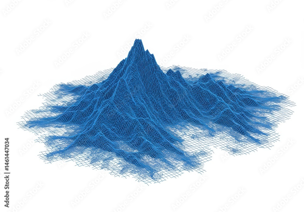 Poster blue wireframe mountain range with a grid base on a white background, abstract representation