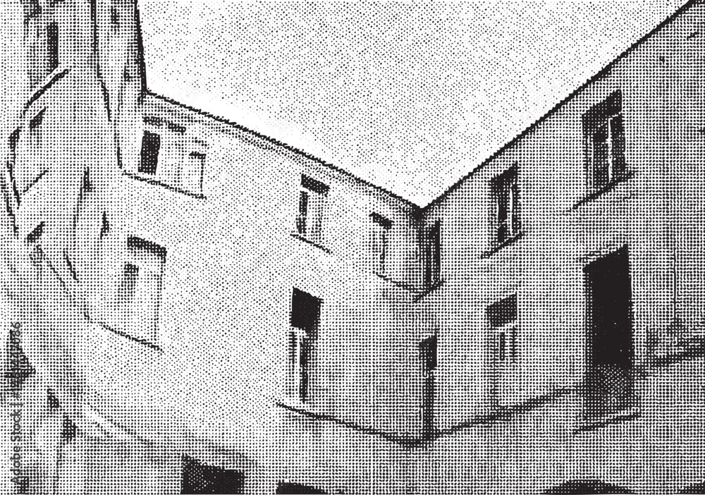 Aufkleber two weathered buildings stand side-by-side creating a stark geometric composition.