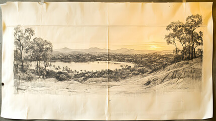 Panoramic pencil sketch depicting a tranquil lake nestled within a valley, surrounded by trees and hills under a sunset