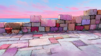 Obraz premium Vintage Comic Style Emotive Panel Art Featuring Dramatic Retro Colors and Textures with a Sea and Pink Sky Background