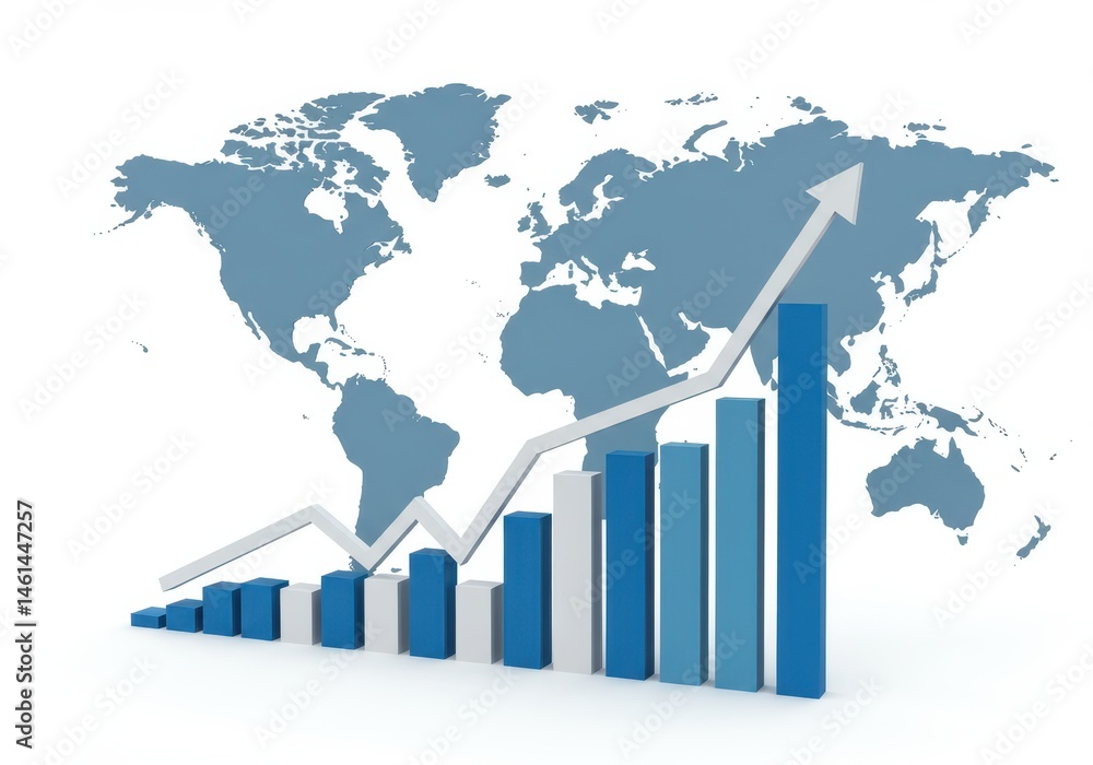 Poster global market growth depicted with a bar graph and upward arrow against a world map background