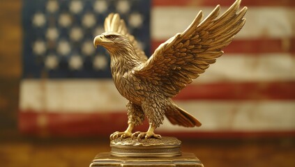 Gold eagle statue on pedestal, American flag backdrop