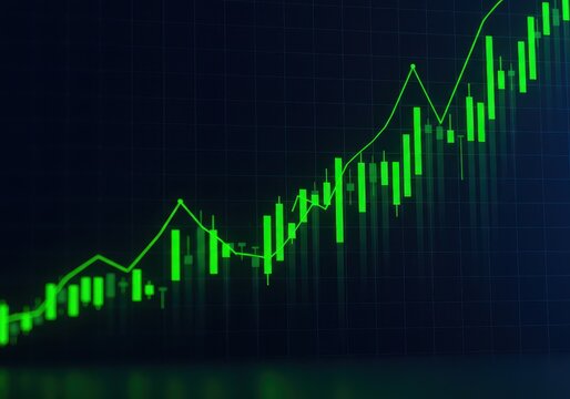 Green candlestick chart showing an upward trend against a dark background, indicating market growth