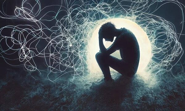 Person trapped inside their mind, tangled lines symbolizing overthinking and anxiety