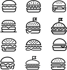 Burger icons with various styles  set black and white including cheese, flags, and sesame seed buns, minimal line art collection
