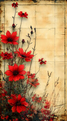 Vintage-styled artwork featuring a cluster of vibrant red flowers with slender stems against a textured, aged beige background