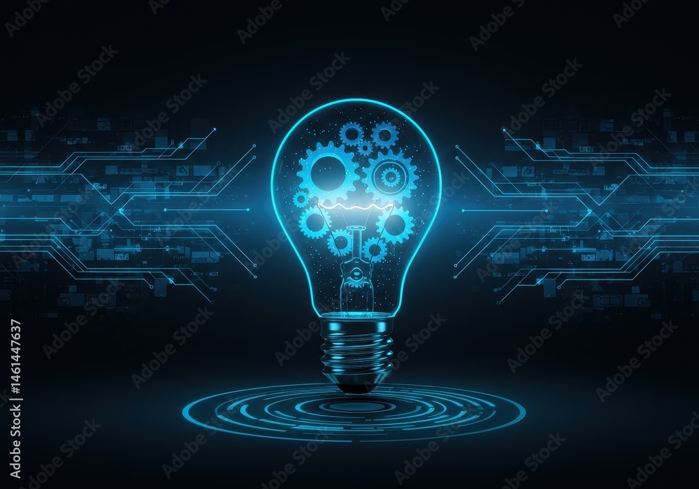 Poster illuminated light bulb with gears inside and circuit board design on a dark background, representing