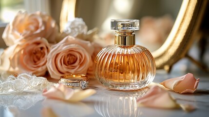 Elegant perfume and wedding rings