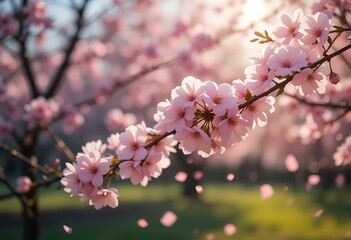 Obraz premium Happy Mother's Day Greeting with Pink Cherry Blossoms and Sunny Sky