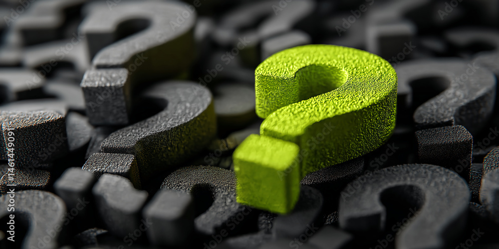 Aufkleber Green question mark stands out among many black ones, symbolizing unique solution or different perspective, ideal for problem-solving or FAQ concepts
