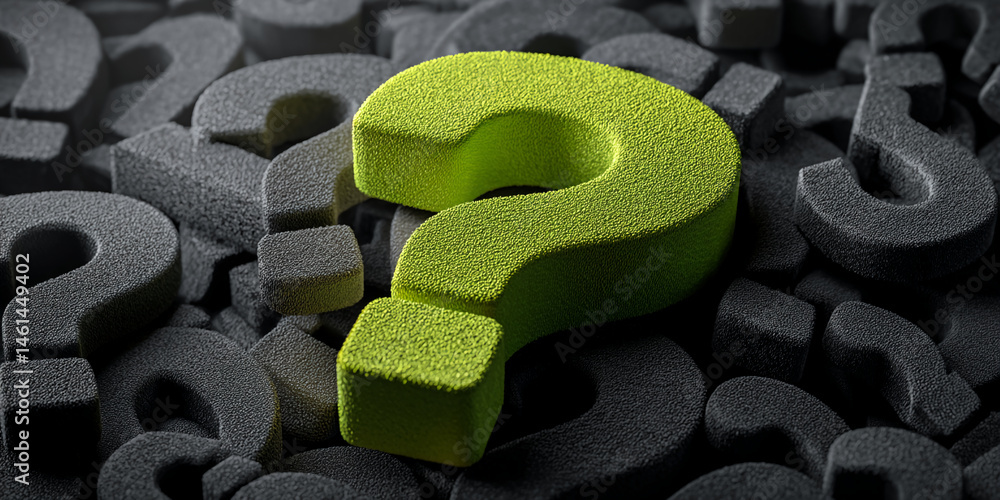 Poster green question mark amidst many black ones, textured surface, symbolizes finding answers, unique sol