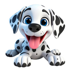 Naklejka premium Cute cartoon Dalmatian puppy with big blue eyes and happy expression, lying down with its tongue out, showcasing its playful and friendly nature