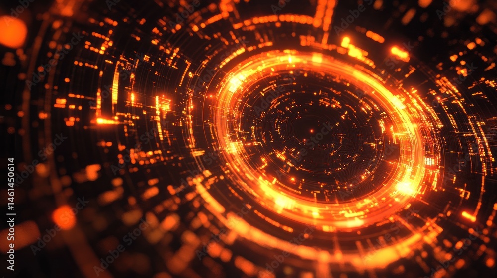 Poster abstract glowing orange circular tech pattern.